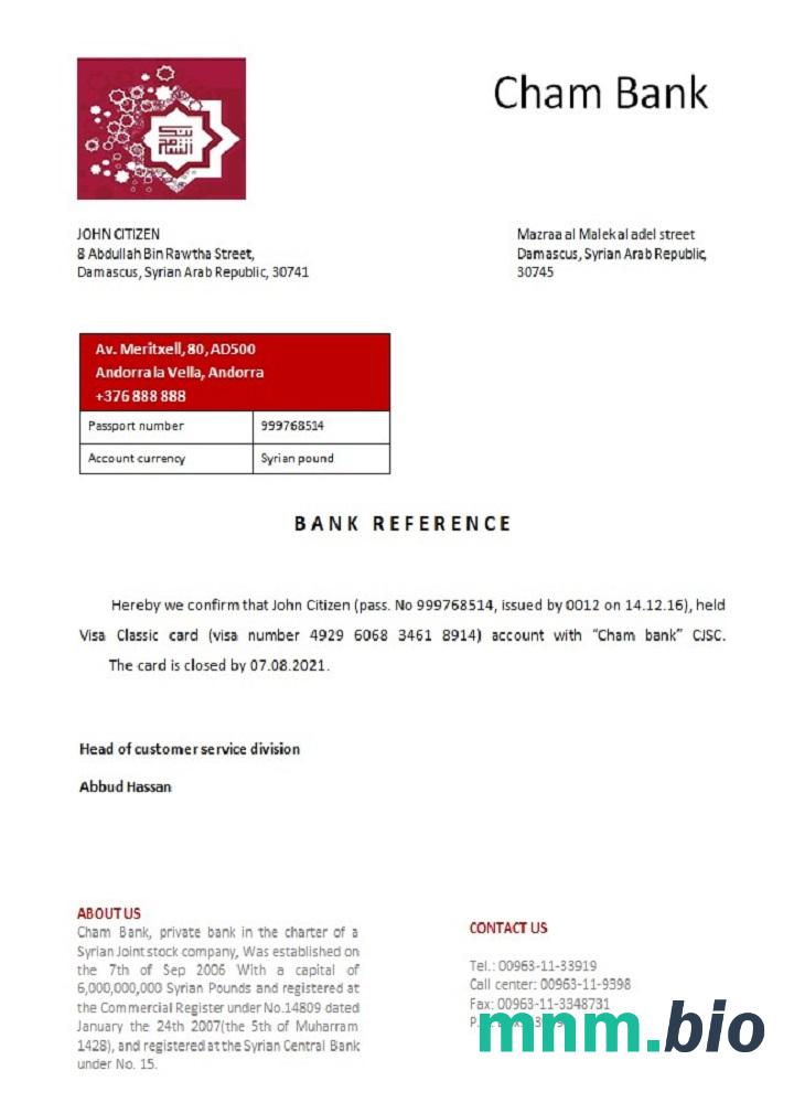 Syria Cham Bank zamknięcie przykład odniesienia w formatach Word i PDF